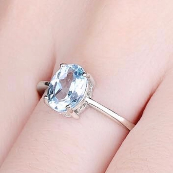 Genuine 1 Carat Aquamarine Oval Solitaire Ring ~ Dainty March Birthstone Ring - Picture 12 of 15
